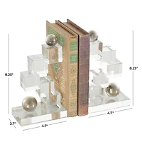 8.25" Clear Glass Stacked Squares Bookends with Silver Orbs, 2ct.