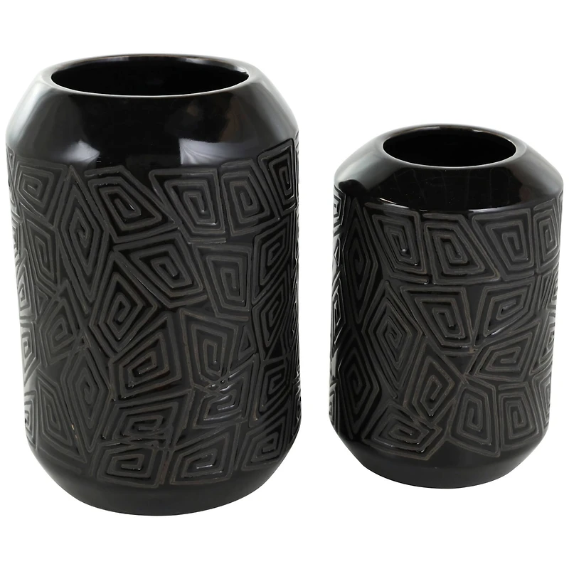 Black Ceramic Vase with Geometric Etchings Set