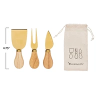 Hello Honey® Gold Stainless Steel Cheese Utensils with Oak Wood Handles Set in Printed Drawstring Bag