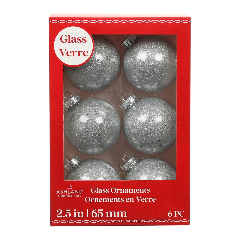 6 Pack 2.5" Silver Glitter Glass Ball Ornaments by Ashland®