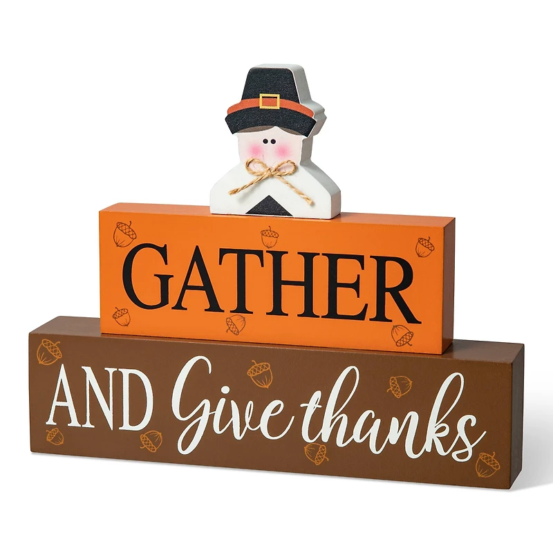 Glitzhome® 9.5" Thanksgiving Wooden Pilgrim Table Block Sign