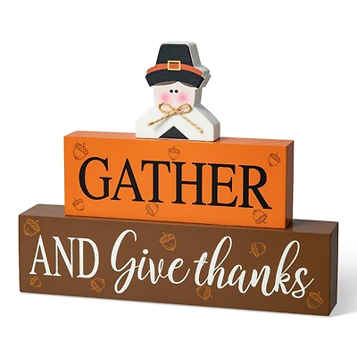 Glitzhome® 9.5" Thanksgiving Wooden Pilgrim Table Block Sign