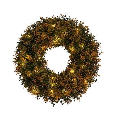 18in. Pre-Lit Autumn Boxwood Artificial Fall Wreath with 25 Warm White LED Lights