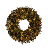 18in. Pre-Lit Autumn Boxwood Artificial Fall Wreath with 25 Warm White LED Lights