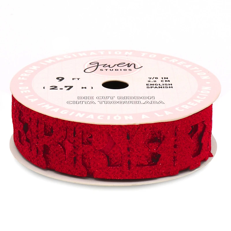 Gwen Studios 7/8" x 3yd. Die Cut "Merry" Words Christmas Ribbon