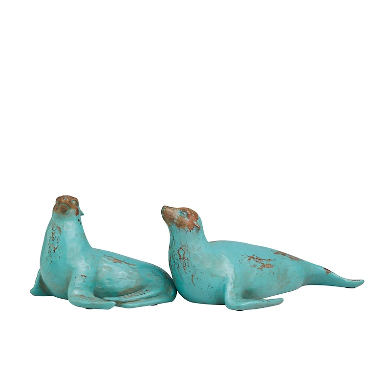 Teal Polystone Distressed Sea Lion Sculpture Set