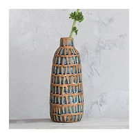 Hello Honey® 14" Natural & Blue Debossed Terra Cotta Vase