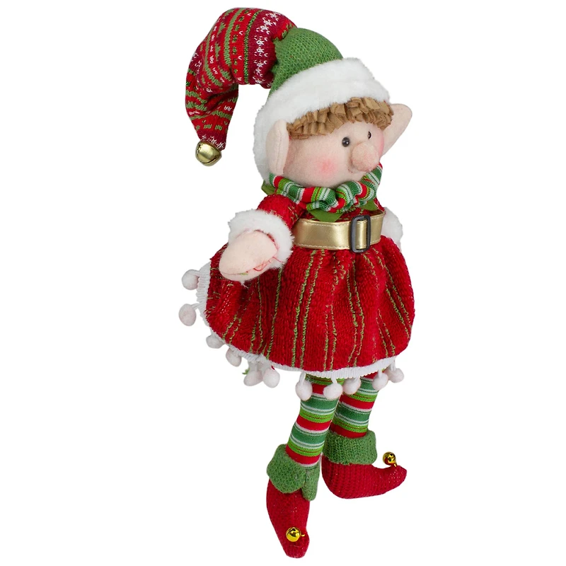 14'' Red and Green Plush Jingle Bell Girl Elf Christmas Figure