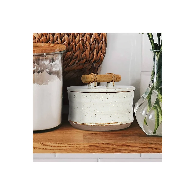 Hello Honey® 6.75" Beige Reactive Glaze Stoneware Canister with Pine Wood & Jute Handle Lid