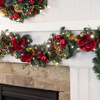 Village Lighting 9ft. Pre-Lit LED Red Magnolia Christmas Garland