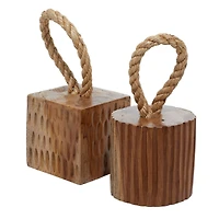 Set of 2 Brown Teak Wood Coastal Sculpture 5", 10"