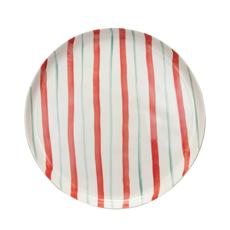 Hello Honey® 10.5" Red, Aqua & Cream Hand-Painted Stoneware Plate with Stripes