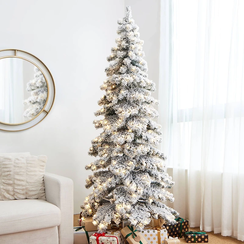7.5ft Pre-Lit Flocked Layered Spruce Artificial Christmas Tree, Warm White LED Lights