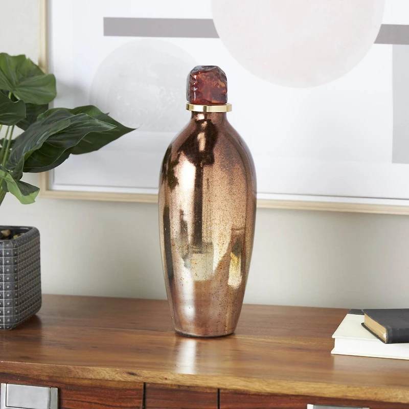 14" Gold, Beige & Copper Glass Speckled Ombre Decorative Jar with Textured Top Knob