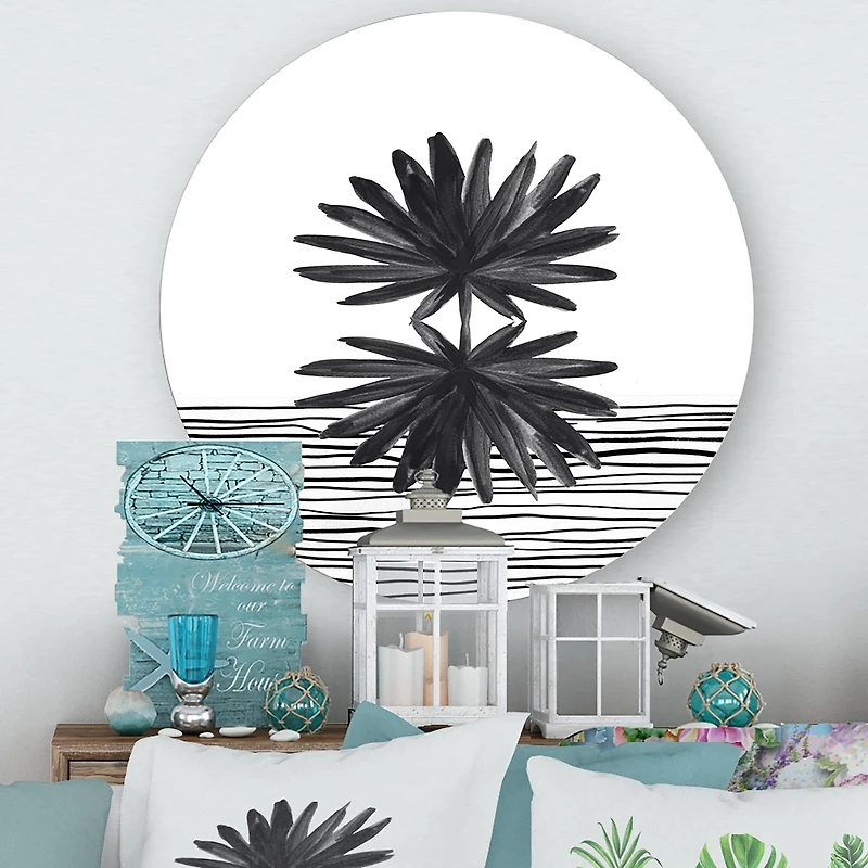 Designart - Black and White Tropical Leaf On Striped II