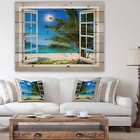 Designart - Window Open to Beach with Palm