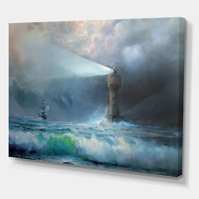 Designart - Lighthouse Shining Light During Stormy Night II
