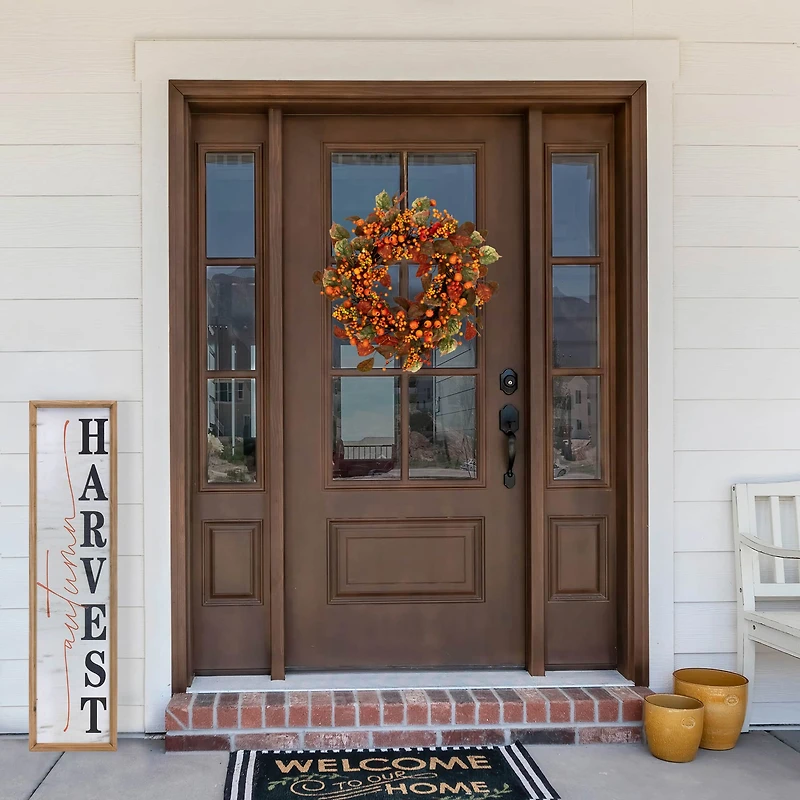 24" Orange & Green Berry & Pumpkin Fall Harvest Wreath