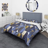 Designart 'Retro Luxury Waves In Gold And Blue IV' Mid-Century Duvet Cover Set