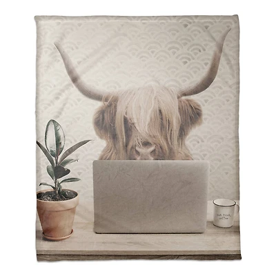 50" x 60" Cow at Desk Laptop Coral Fleece Blanket