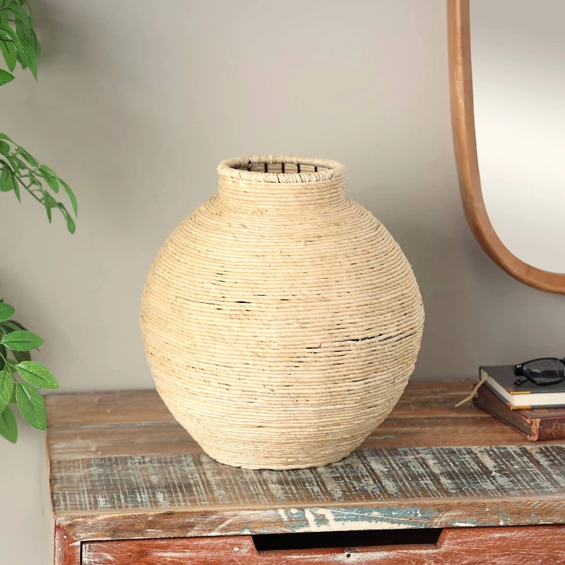 13" Beige Seagrass Handmade Wrapped Vase