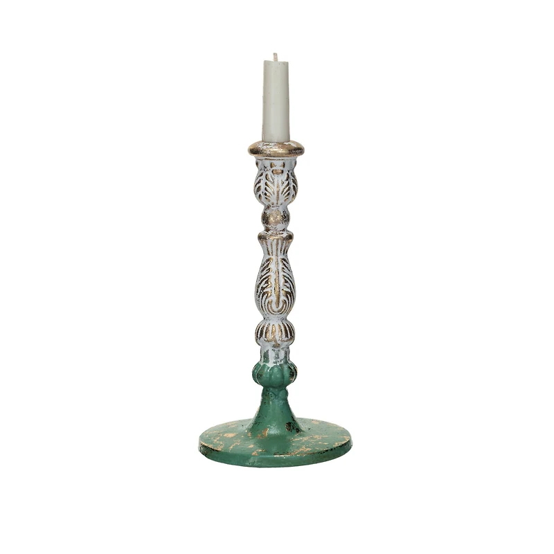 Hello Honey® 9.25" Green, Gold and Cream Distressed Cast Metal Taper Candleholder