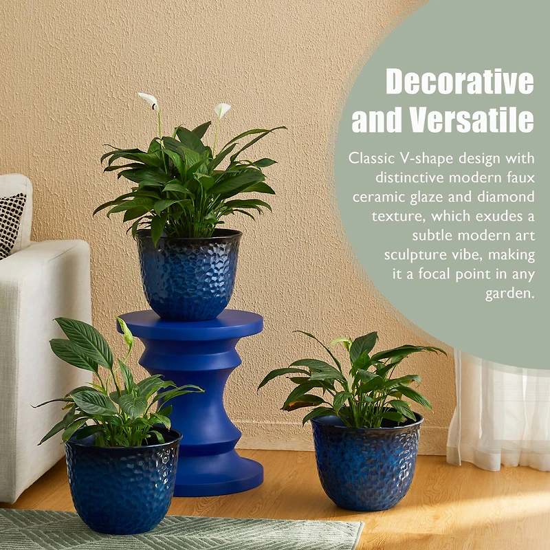 Glitzhome® 11.75" Honeycomb Textured Cobalt Blue Faux Ceramic Plastic Planters, 3ct.