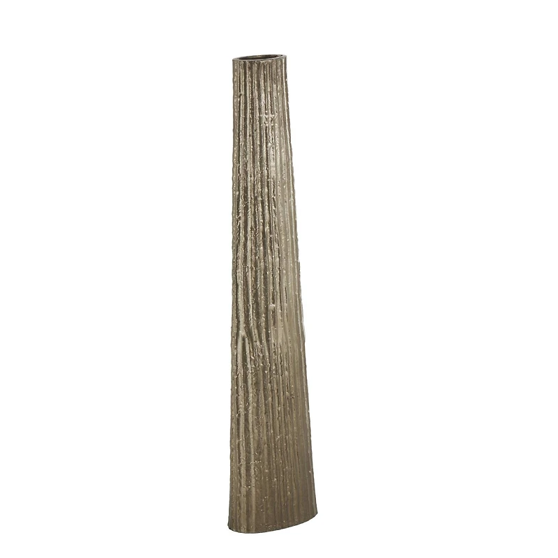 35.5" Brass Aluminum Metal Slim Flat Tall Floor Cone Vase with Textured Ridges