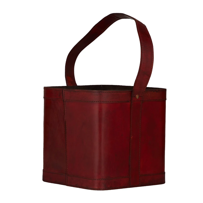 9" Red Leather 4-Bottle Wine Holder with Carrying Handle