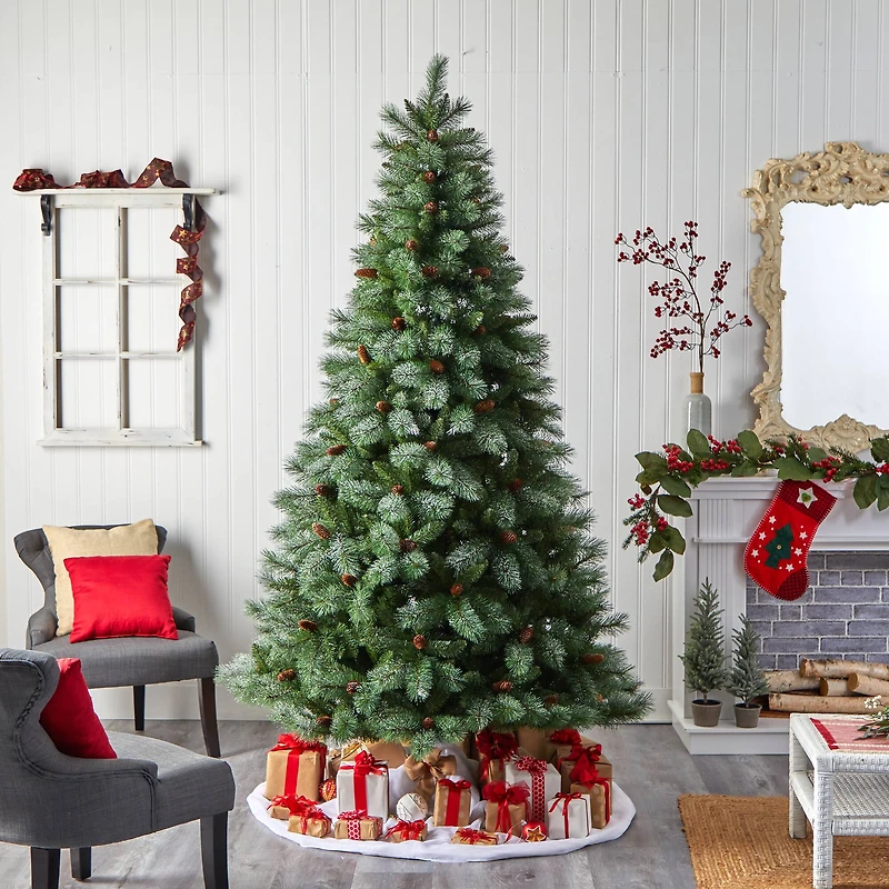 8ft. Unlit Snowed French Alps Mountain Pine Artificial Christmas Tree with Pinecones