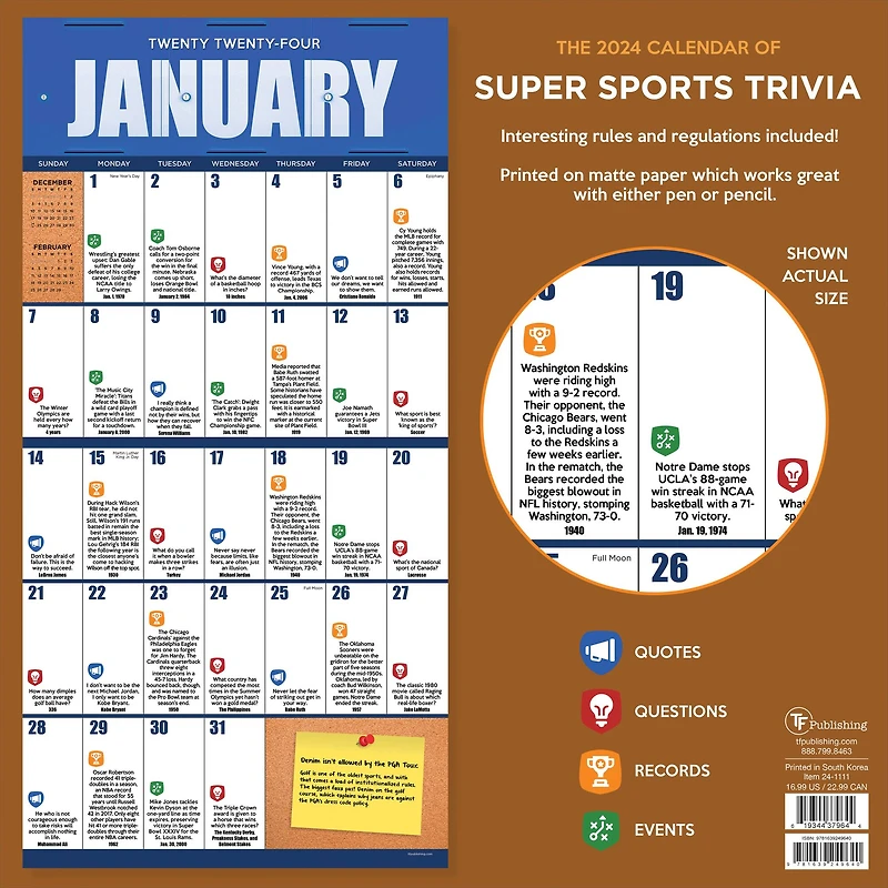 TF Publishing 2024 Sports Facts & Trivia Wall Calendar