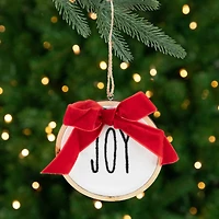 Embroidered Joy with Bow Wooden Disc Christmas Ornament - 4.5" - Red and White