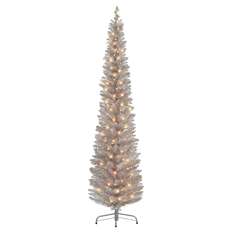 7ft. Pre-Lit Rose Gold Tinsel Artificial Christmas Tree, Clear Lights