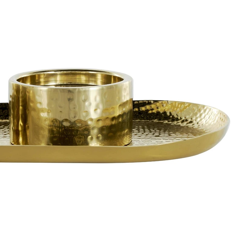 16" Gold Stainless Steel Metal Hammered Candle Holder with Oval Tray Plate