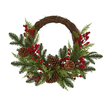 22" Mixed Pine with Berries & Pinecones Wreath