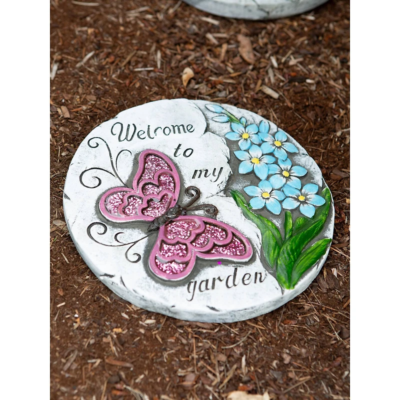 Pink Butterfly Garden Stepping Stone, 9.75" x 9.75" x 0.75"