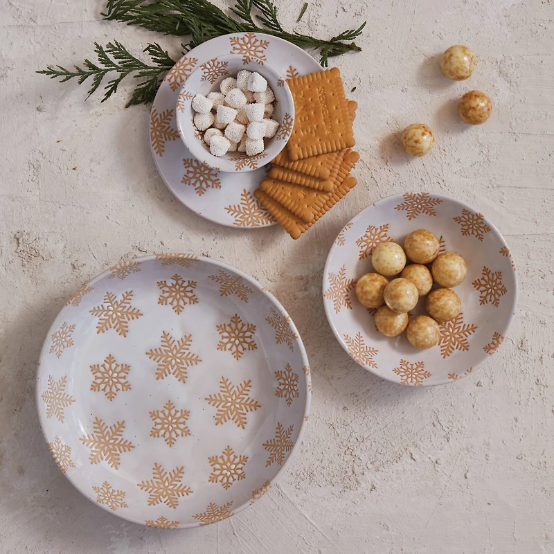 Hello Honey® 8.25" White & Orange Stoneware Snowflake Dinnerware Bowls, 4ct.