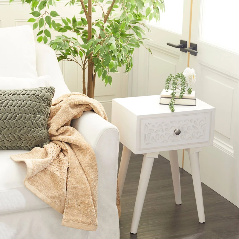 24" White Farmhouse Mango Wood Accent Table