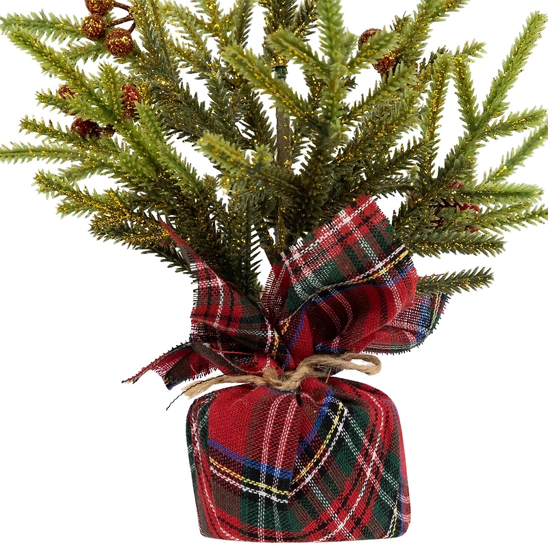9" Unlit Glittered Pine with Berries Artificial Christmas Tree Set