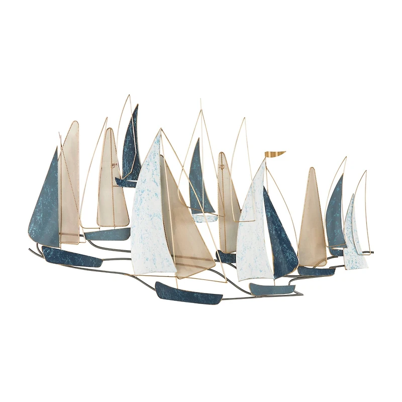Blue Metal Sail Boat Wall Décor with Gold Wire Accents and Shimmer Details