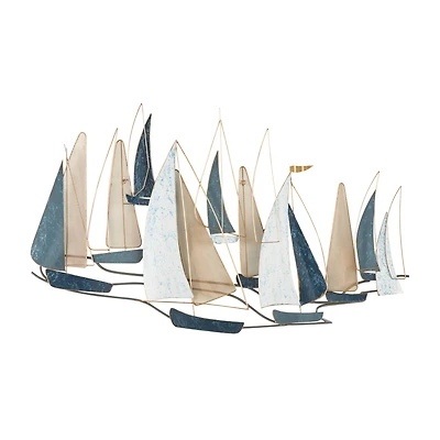 Blue Metal Sail Boat Wall Décor with Gold Wire Accents and Shimmer Details