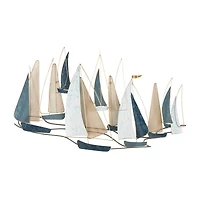 Blue Metal Sail Boat Wall Décor with Gold Wire Accents and Shimmer Details