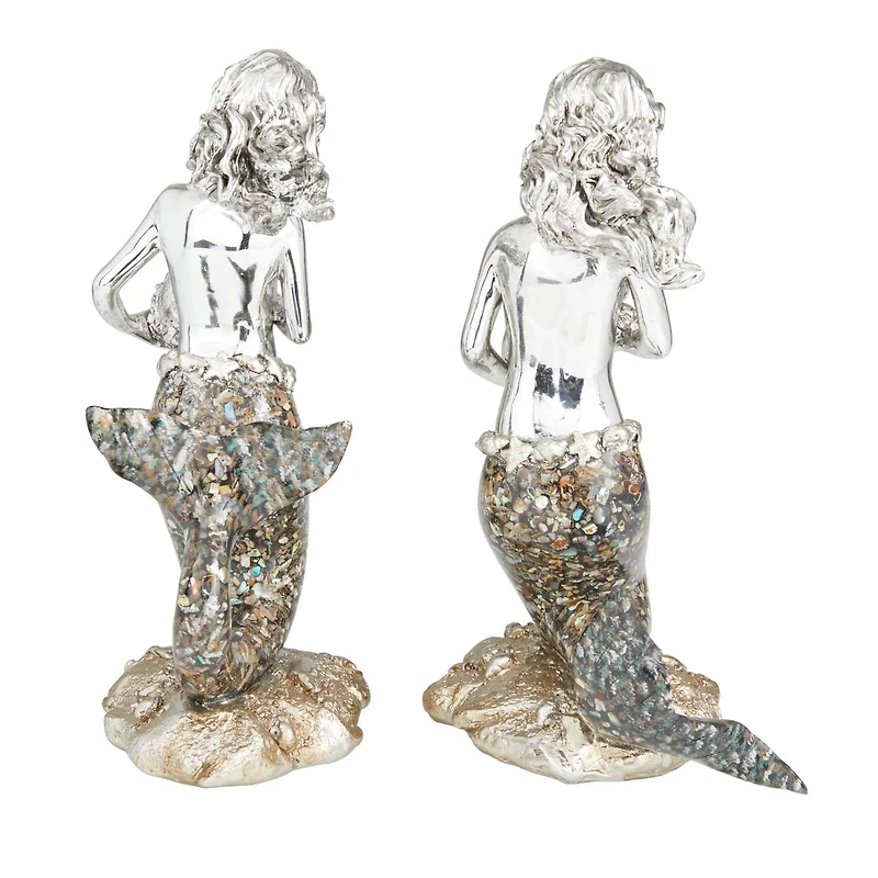 Set of 2 Silver Polystone Coastal Sculptures, 11" x 4" x 6"