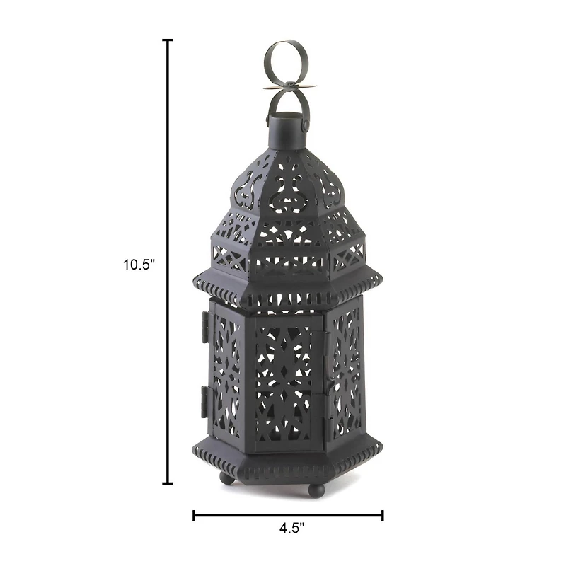 10.5" Black Metal Moroccan Style Candle Lantern with Intricate Cutouts