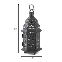 10.5" Black Metal Moroccan Style Candle Lantern with Intricate Cutouts