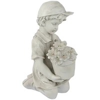 15" Solar LED-Lit Boy with Flowers Outdoor Garden Statue