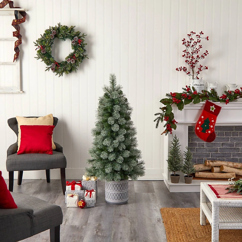 4.5ft. Pre-Lit Nova Scotia Pine Artificial Christmas Tree in Engraved Geometric Stone Planter, Warm White LED Lights