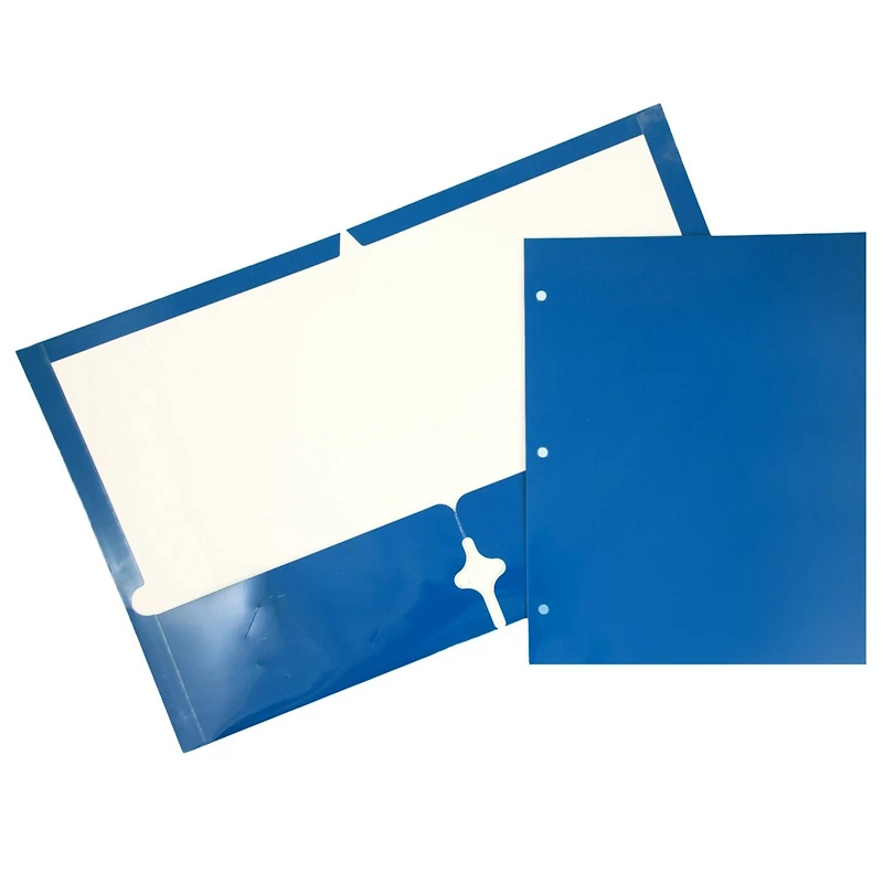 JAM Paper Blue Glossy Laminated Two Pocket 3 Hole Punch School Folders, 100ct.