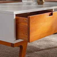 White & Caramel 1-Drawer Bridge Leg Solid Wood Coffee Table