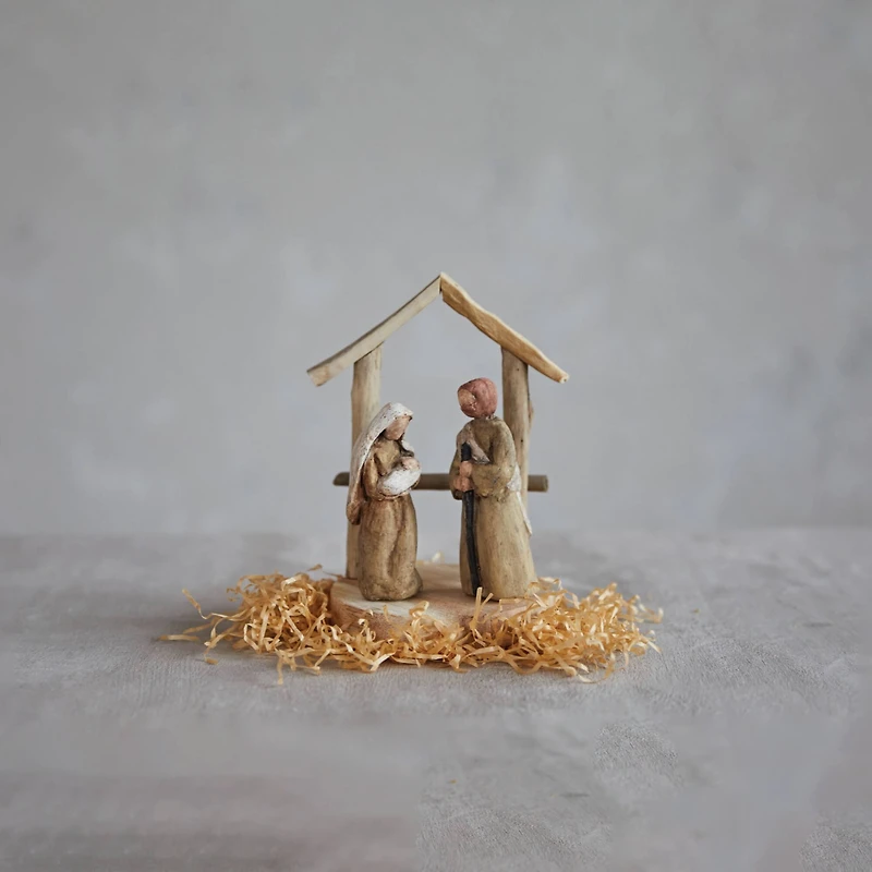 Hello Honey® 5" Natural Handmade Driftwood & Paper Mache Nativity with Wood Base